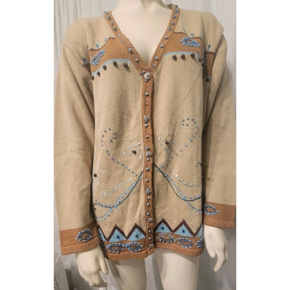 Storybook Knits Southwest Native American Sweater L Turquoise Concho embroidered
